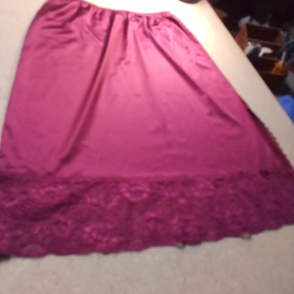 90s Coquette Pink Wine Satin Lace Slip Skirt Chemise Elastic Waist Fairy M
